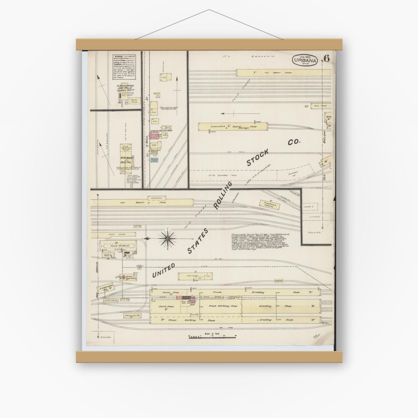 Old map wall art mockup — magnetic wood frame on white wall — Sanborn Fire Insurance Map from Urbana, Champaign County, Ohio (1885), Sheet #0006
