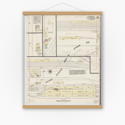 Old map wall art mockup — magnetic wood frame on white wall — Sanborn Fire Insurance Map from Urbana, Champaign County, Ohio (1885), Sheet #0006