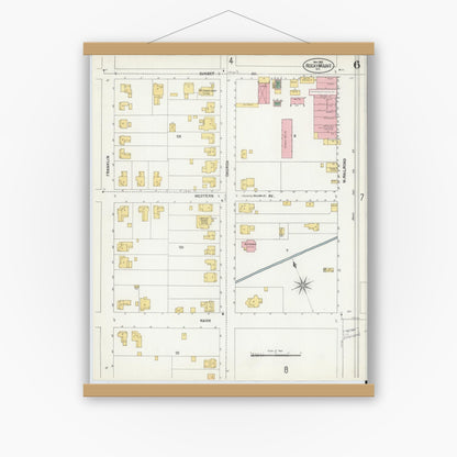 Old map wall art mockup — magnetic wood frame on white wall — Sanborn Fire Insurance Map from Rocky Mount, Edgecombe And Nash Counties, North Carolina (1901), Sheet #0006