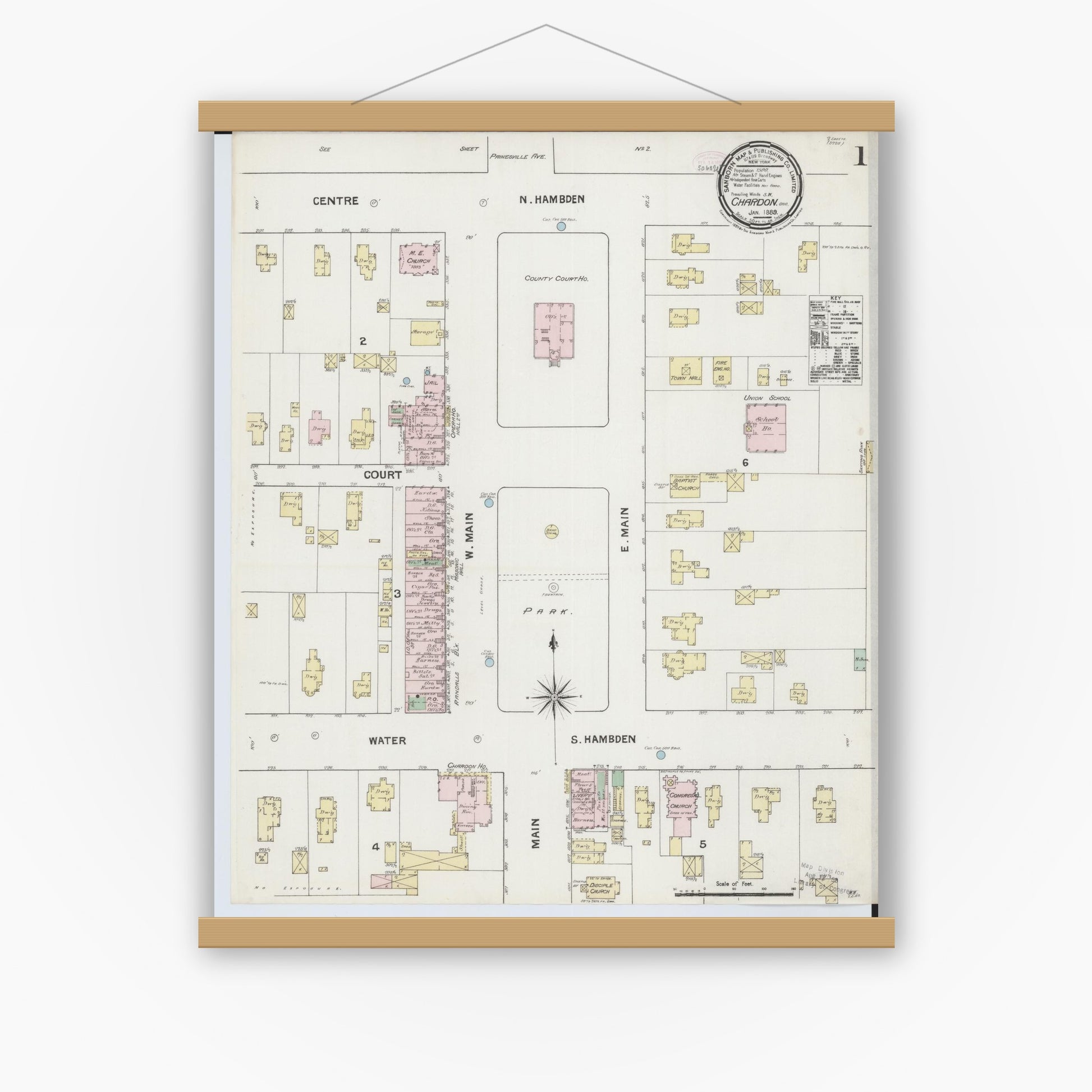 Old map wall art mockup — magnetic wood frame on white wall — Sanborn Fire Insurance Map from Chardon, Geauga County, Ohio (1889) - Complete Map Set