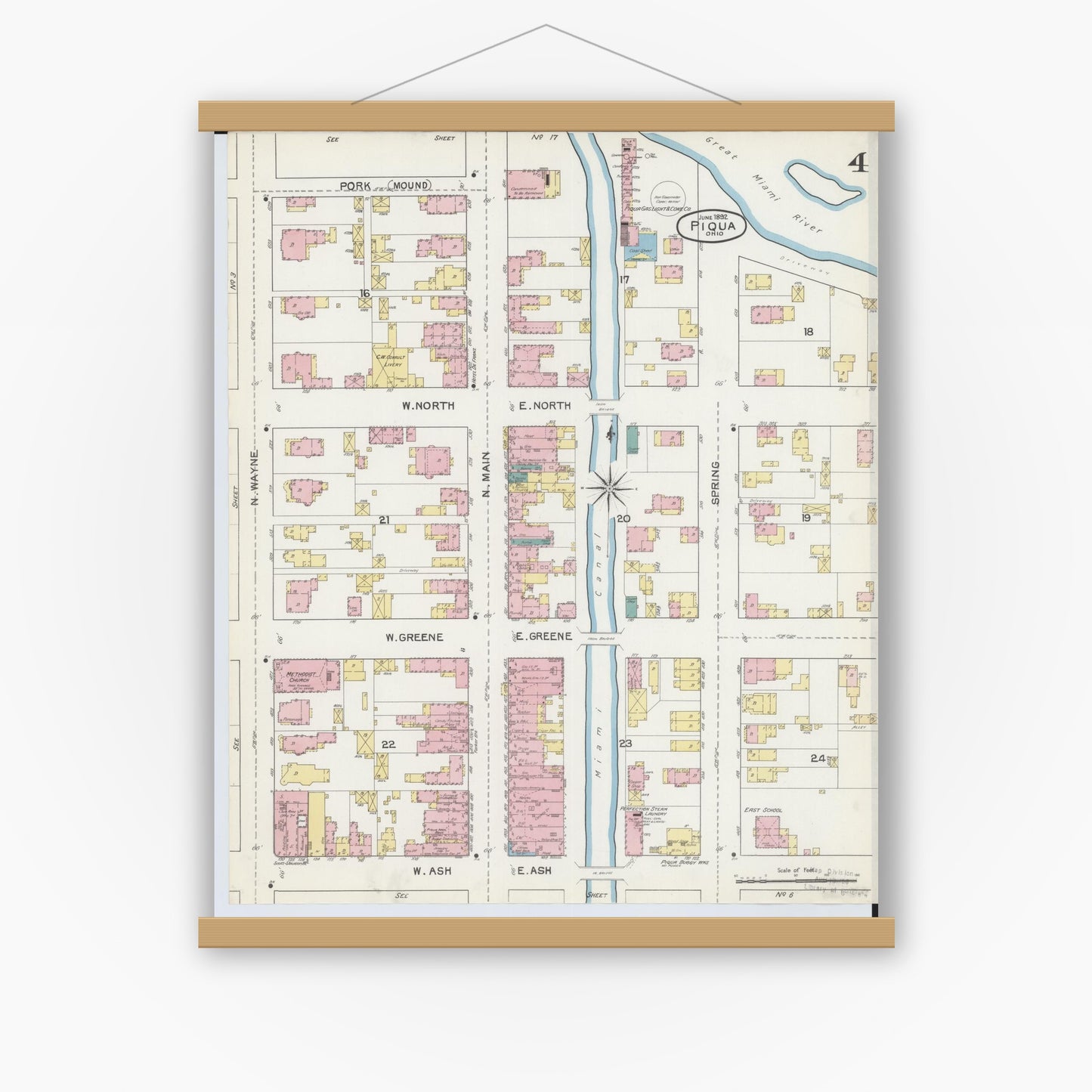 Old map wall art mockup — magnetic wood frame on white wall — Sanborn Fire Insurance Map from Piqua, Miami County, Ohio (1892), Sheet #0004
