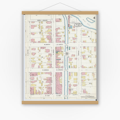 Old map wall art mockup — magnetic wood frame on white wall — Sanborn Fire Insurance Map from Piqua, Miami County, Ohio (1892), Sheet #0004