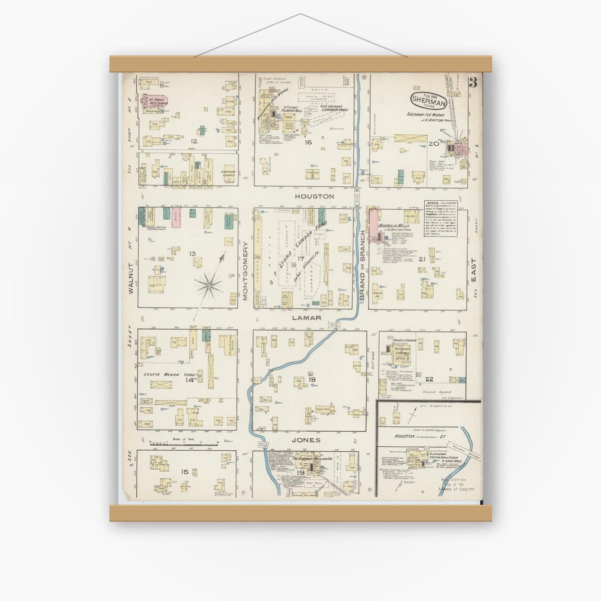 Old map wall art mockup — magnetic wood frame on white wall — Sanborn Fire Insurance Map from Sherman, Grayson County, Texas (1885), Sheet #0003