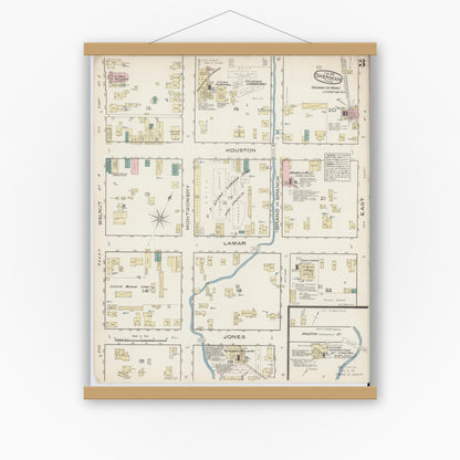 Old map wall art mockup — magnetic wood frame on white wall — Sanborn Fire Insurance Map from Sherman, Grayson County, Texas (1885), Sheet #0003
