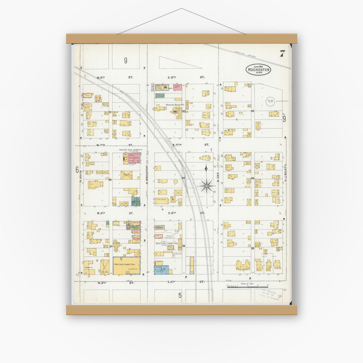 Old map wall art mockup — magnetic wood frame on white wall — Sanborn Fire Insurance Map from Rochester, Olmsted County, Minnesota (1904), Sheet #0007