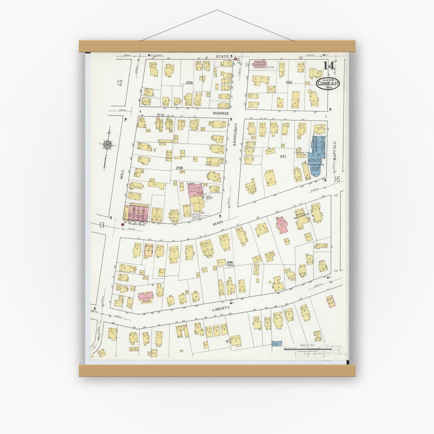 Old map wall art mockup — magnetic wood frame on white wall — Sanborn Fire Insurance Map from Conneaut, Ashtabula County, Ohio (1919), Sheet #0014