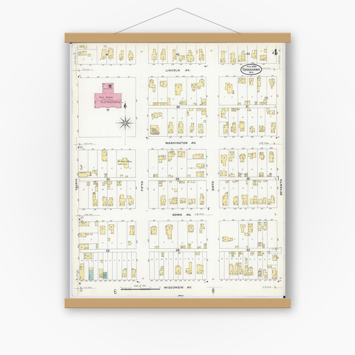 Old map wall art mockup — magnetic wood frame on white wall — Sanborn Fire Insurance Map from Tomahawk, Lincoln County, Wisconsin (1908), Sheet #0004