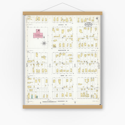 Old map wall art mockup — magnetic wood frame on white wall — Sanborn Fire Insurance Map from Tomahawk, Lincoln County, Wisconsin (1908), Sheet #0004