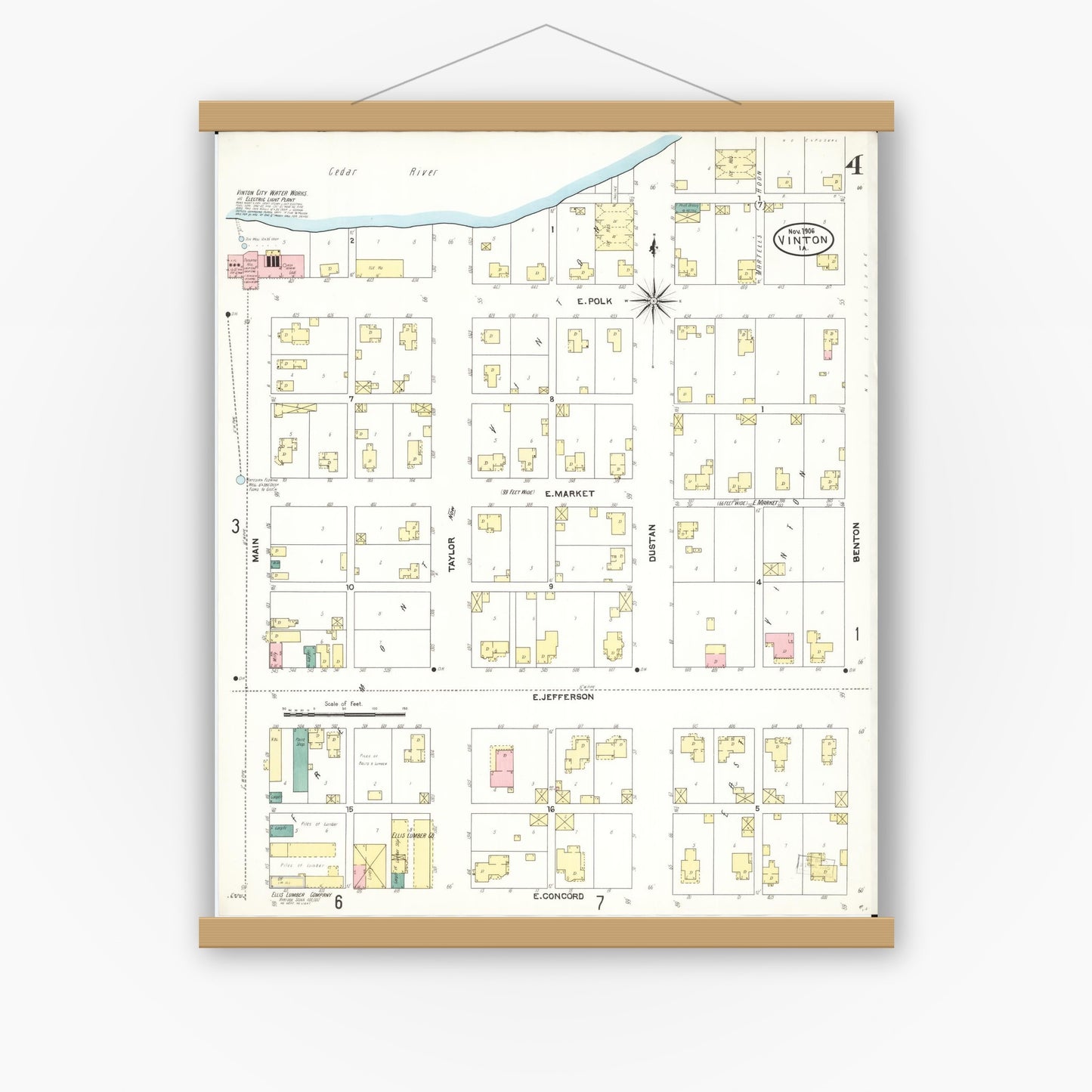 Old map wall art mockup — magnetic wood frame on white wall — Sanborn Fire Insurance Map from Vinton, Benton County, Iowa (1906), Sheet #0004