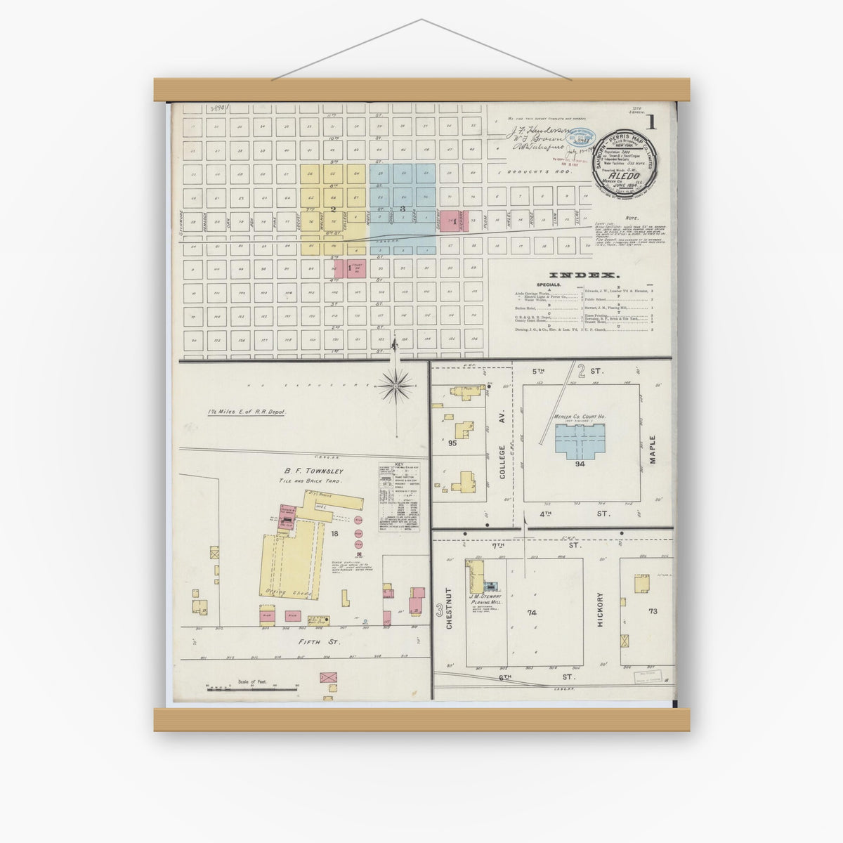 Old map wall art mockup — magnetic wood frame on white wall — Sanborn Fire Insurance Map from Aledo, Mercer County, Illinois (1894), Sheet #0001