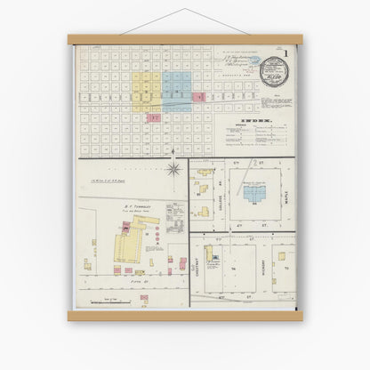 Old map wall art mockup — magnetic wood frame on white wall — Sanborn Fire Insurance Map from Aledo, Mercer County, Illinois (1894), Sheet #0001