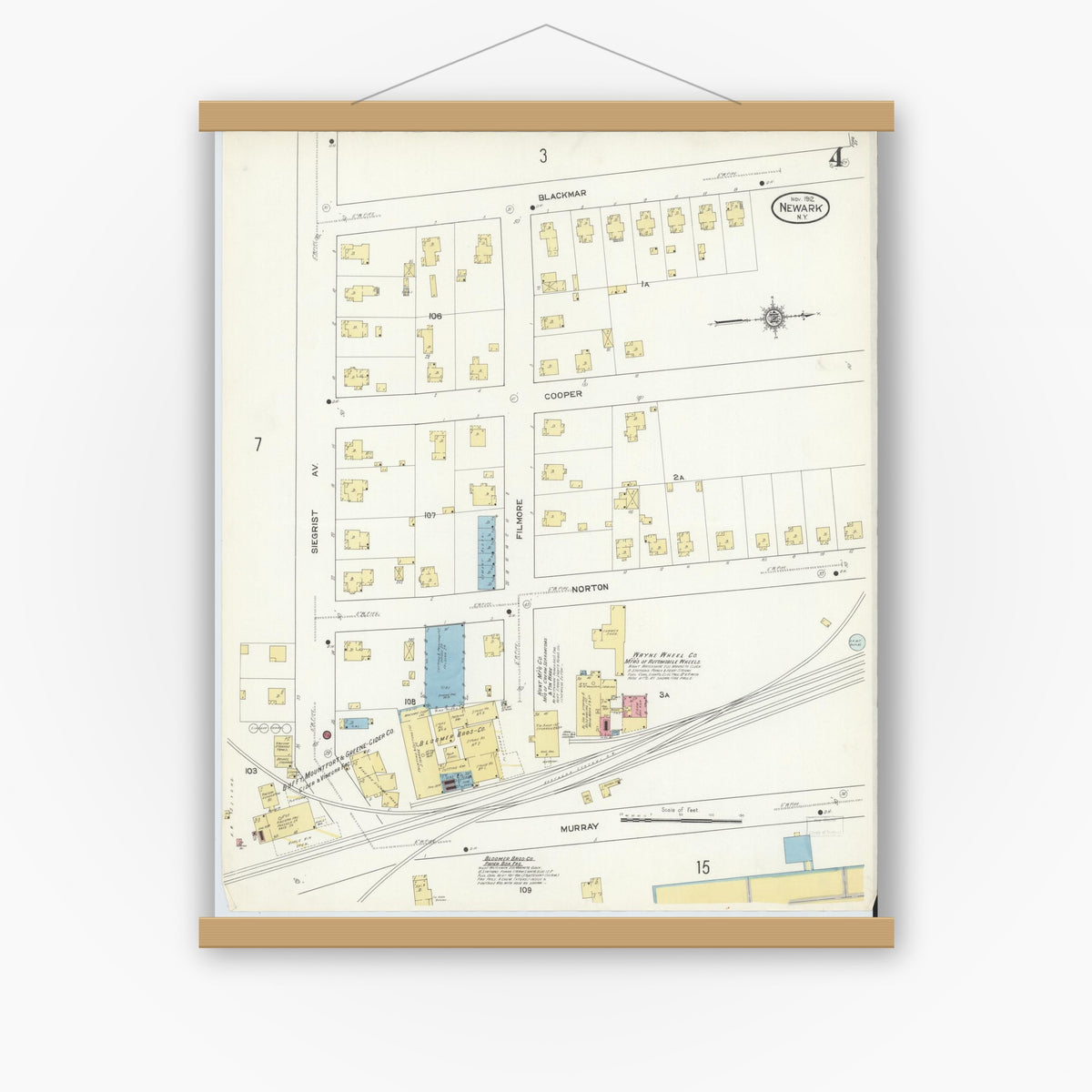 Old map wall art mockup — magnetic wood frame on white wall — Sanborn Fire Insurance Map from Newark, Wayne County, New York (1912), Sheet #0004