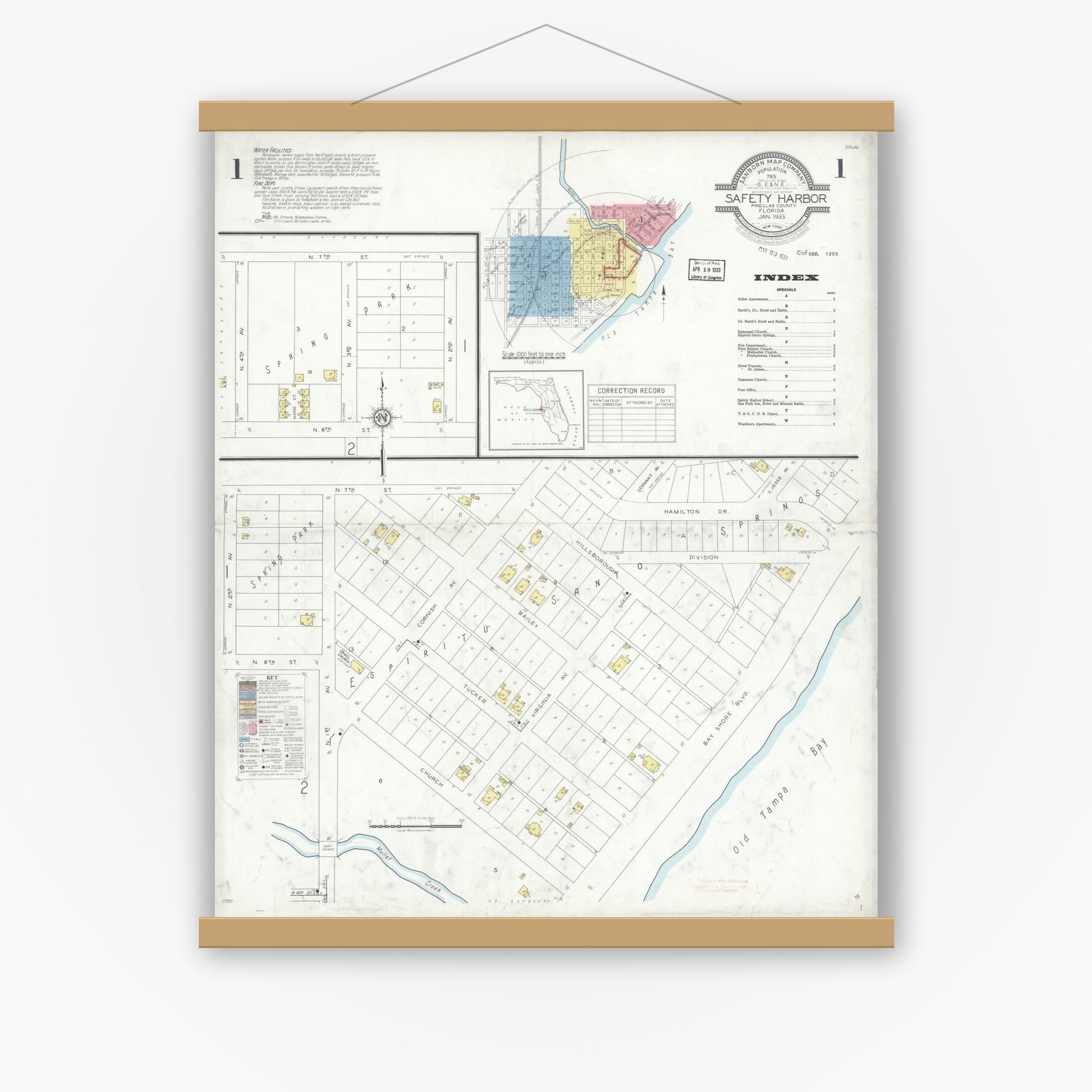 Old map wall art mockup — magnetic wood frame on white wall — Sanborn Fire Insurance Map from Safety Harbor, Pinellas County, Florida (1933), Sheet #0001