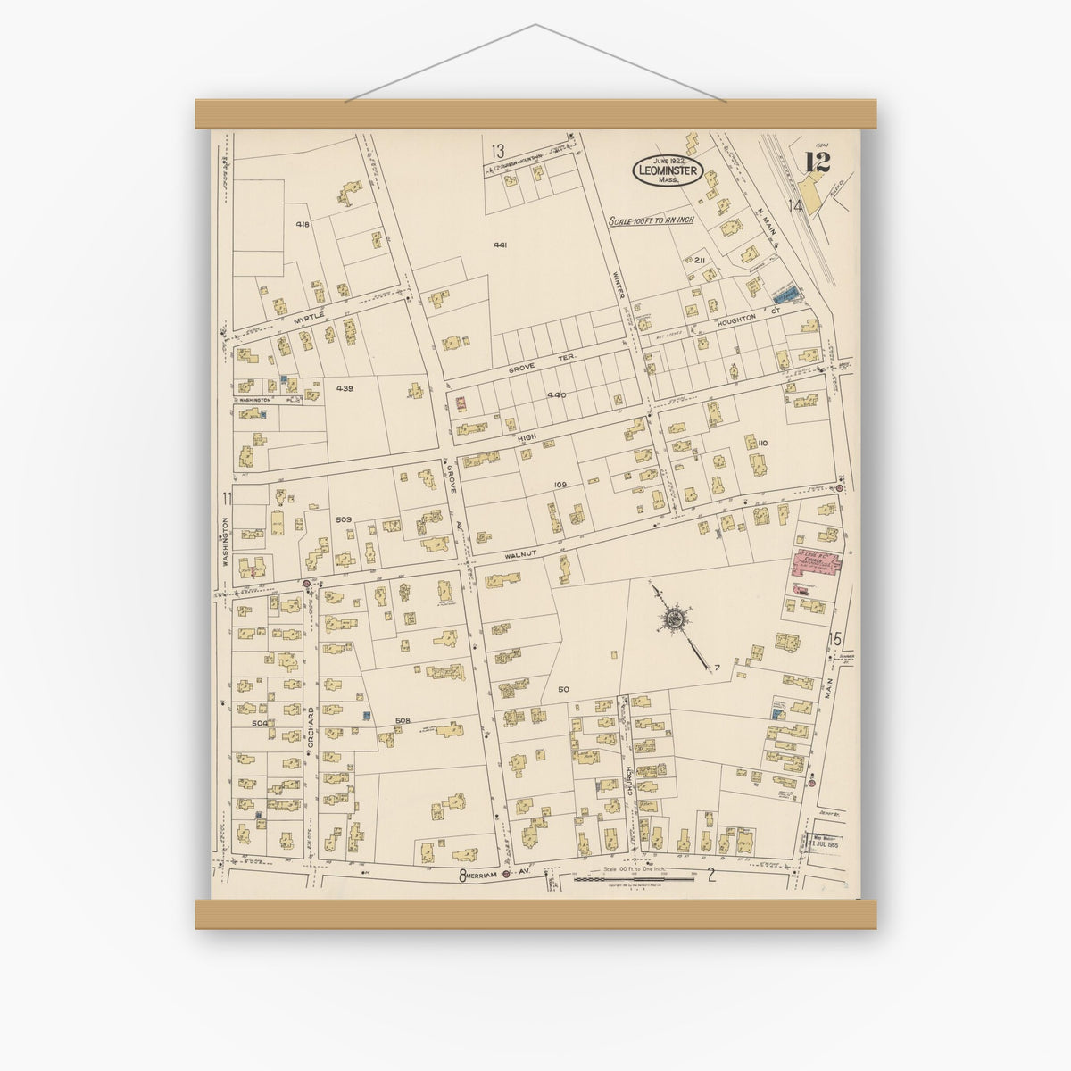 Old map wall art mockup — magnetic wood frame on white wall — Sanborn Fire Insurance Map from Leominster, Worcester County, Massachusetts (1922), Sheet #0012