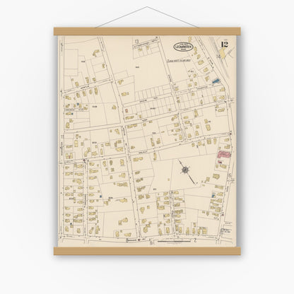 Old map wall art mockup — magnetic wood frame on white wall — Sanborn Fire Insurance Map from Leominster, Worcester County, Massachusetts (1922), Sheet #0012