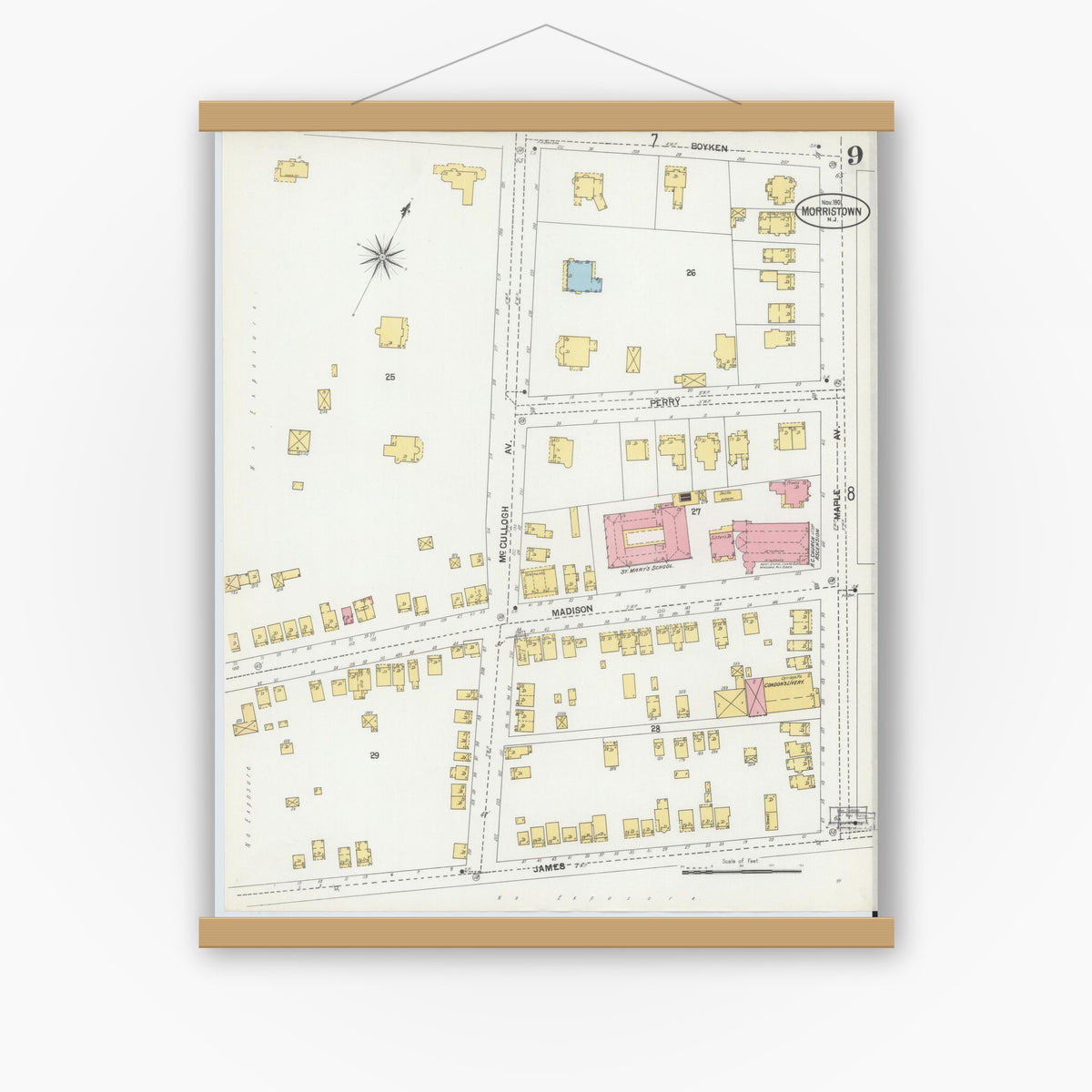 Old map wall art mockup — magnetic wood frame on white wall — Sanborn Fire Insurance Map from Morristown, Morris County, New Jersey (1901), Sheet #0009