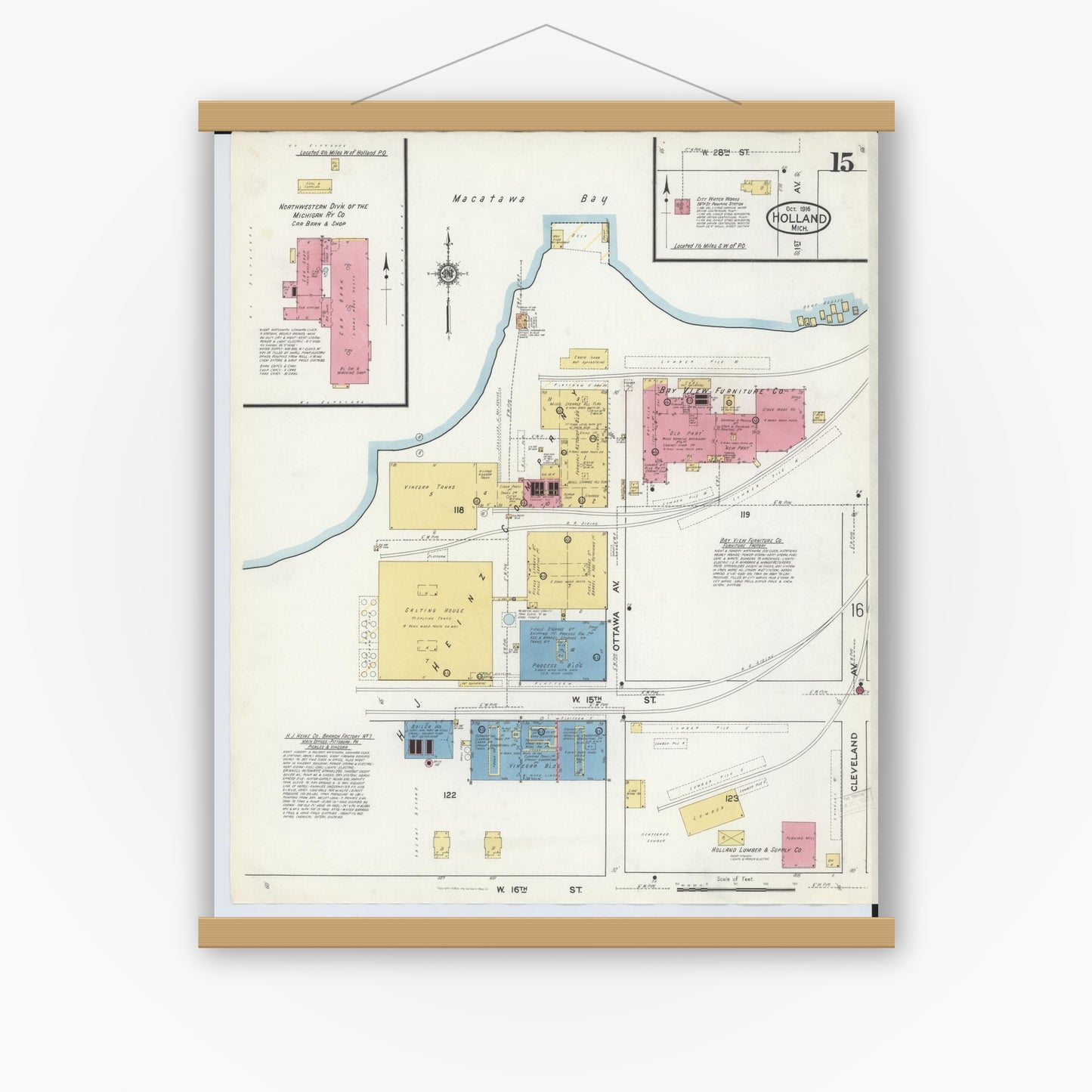 Old map wall art mockup — magnetic wood frame on white wall — Sanborn Fire Insurance Map from Holland, Ottawa County, Michigan (1916), Sheet #0015