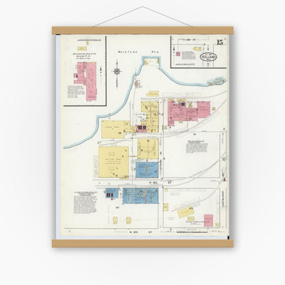 Old map wall art mockup — magnetic wood frame on white wall — Sanborn Fire Insurance Map from Holland, Ottawa County, Michigan (1916), Sheet #0015