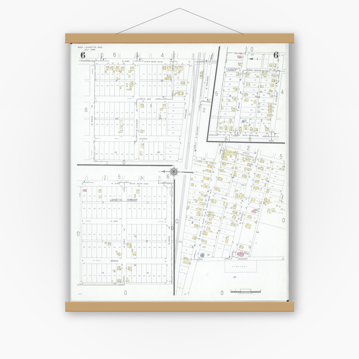 Old map wall art mockup — magnetic wood frame on white wall — Sanborn Fire Insurance Map from West Lafayette, Coshocton County, Ohio (1946), Sheet #0006