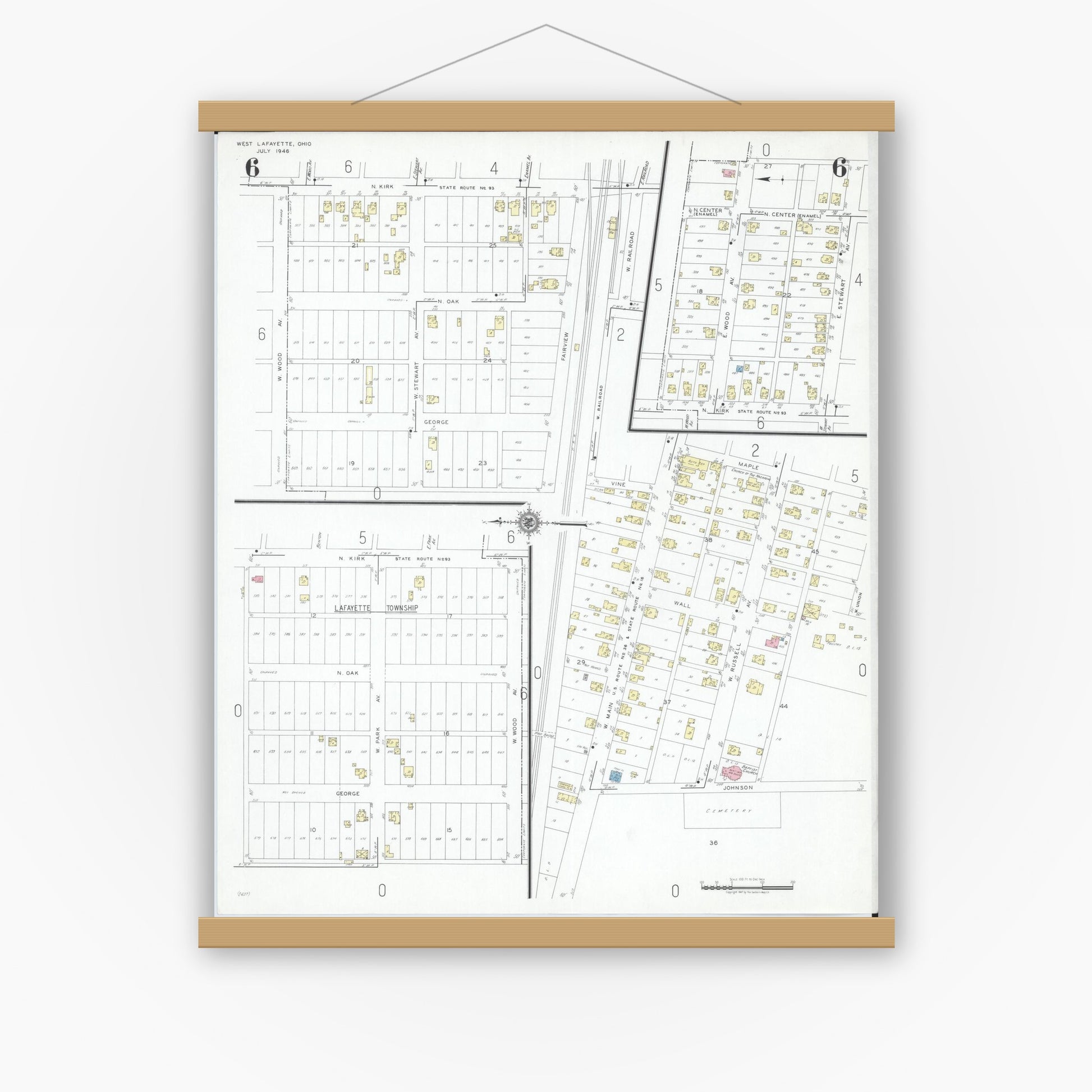 Old map wall art mockup — magnetic wood frame on white wall — Sanborn Fire Insurance Map from West Lafayette, Coshocton County, Ohio (1946), Sheet #0006