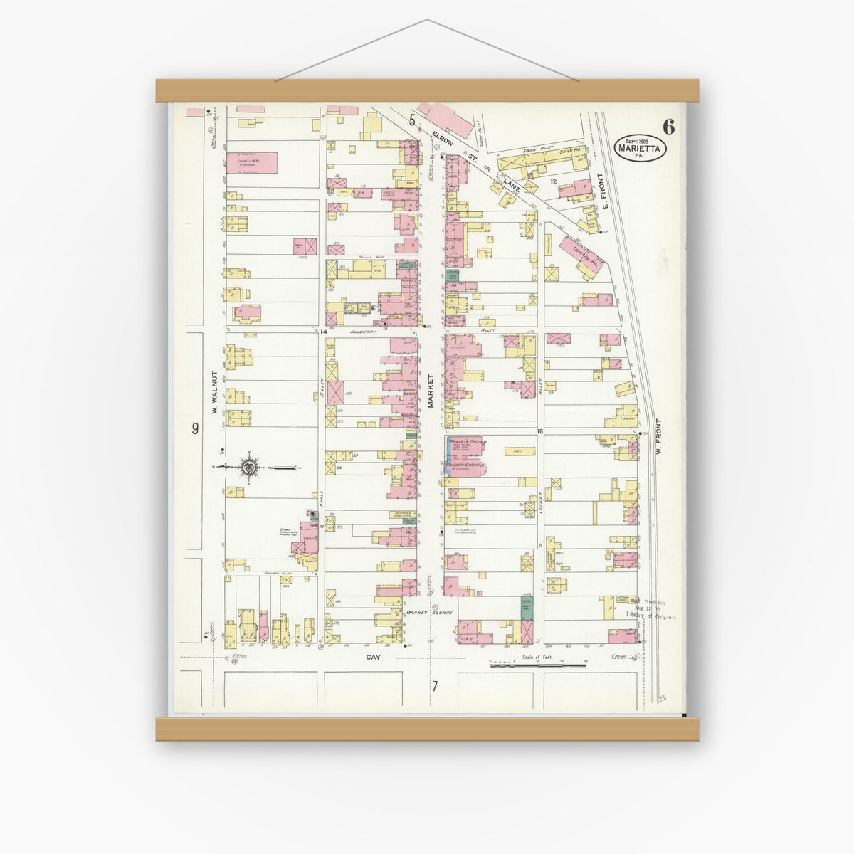 Old map wall art mockup — magnetic wood frame on white wall — Sanborn Fire Insurance Map from Marietta, Lancaster County, Pennsylvania (1909), Sheet #0006