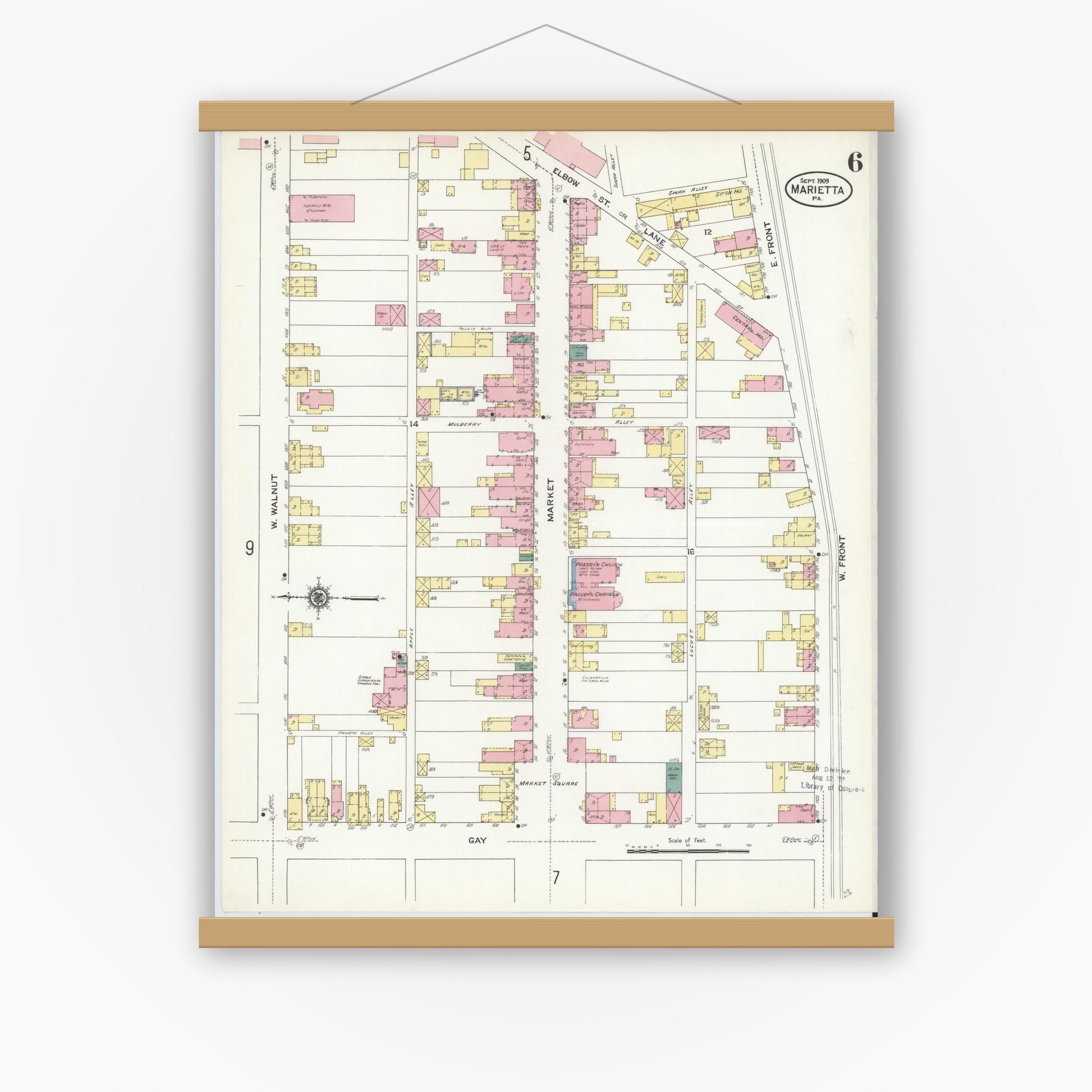 Old map wall art mockup — magnetic wood frame on white wall — Sanborn Fire Insurance Map from Marietta, Lancaster County, Pennsylvania (1909), Sheet #0006