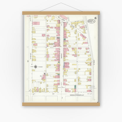 Old map wall art mockup — magnetic wood frame on white wall — Sanborn Fire Insurance Map from Marietta, Lancaster County, Pennsylvania (1909), Sheet #0006