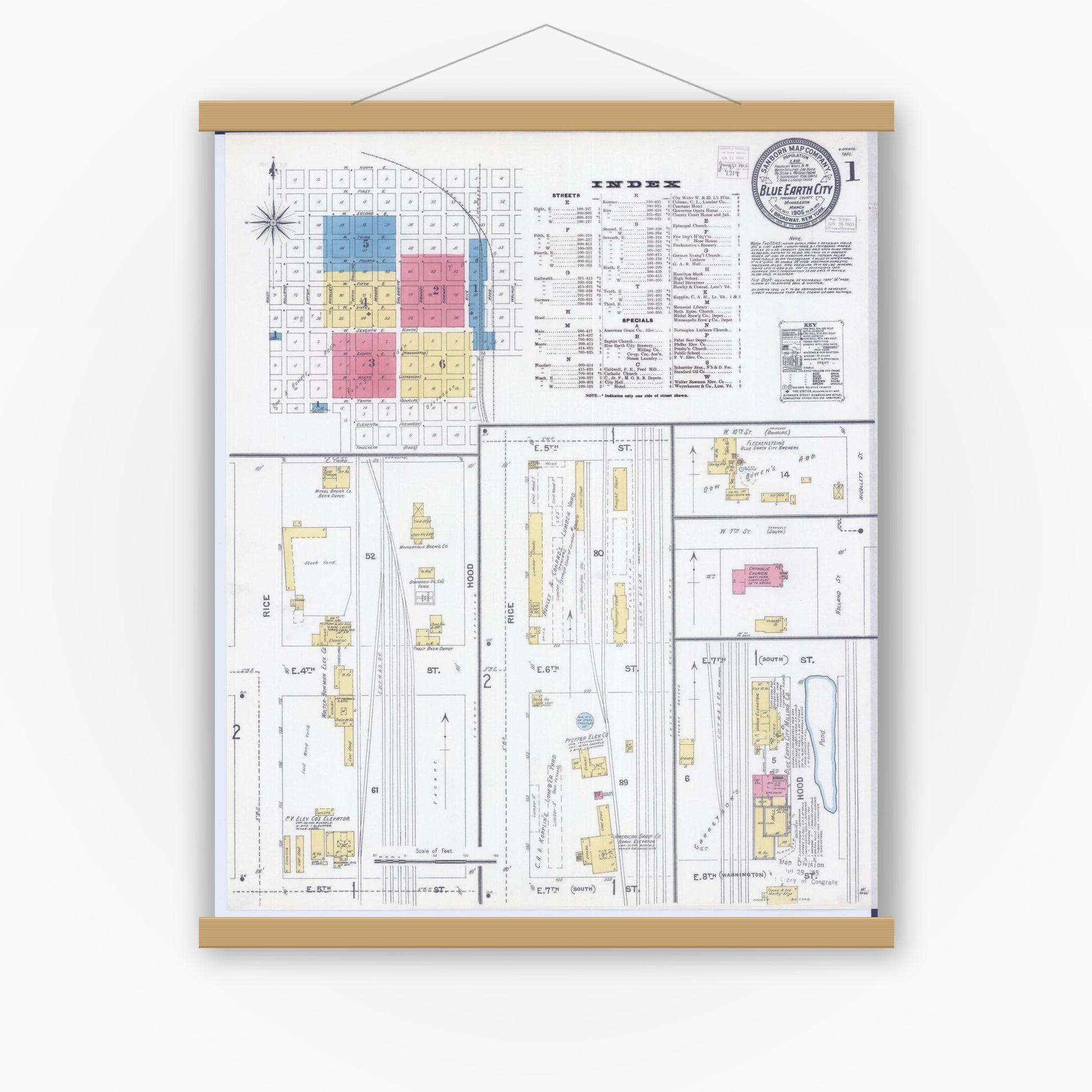 Old map wall art mockup — magnetic wood frame on white wall — Sanborn Fire Insurance Map from Blue Earth, Faribault County, Minnesota (1905), Sheet #0001