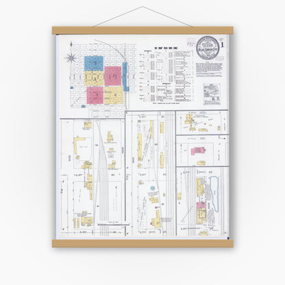 Old map wall art mockup — magnetic wood frame on white wall — Sanborn Fire Insurance Map from Blue Earth, Faribault County, Minnesota (1905), Sheet #0001