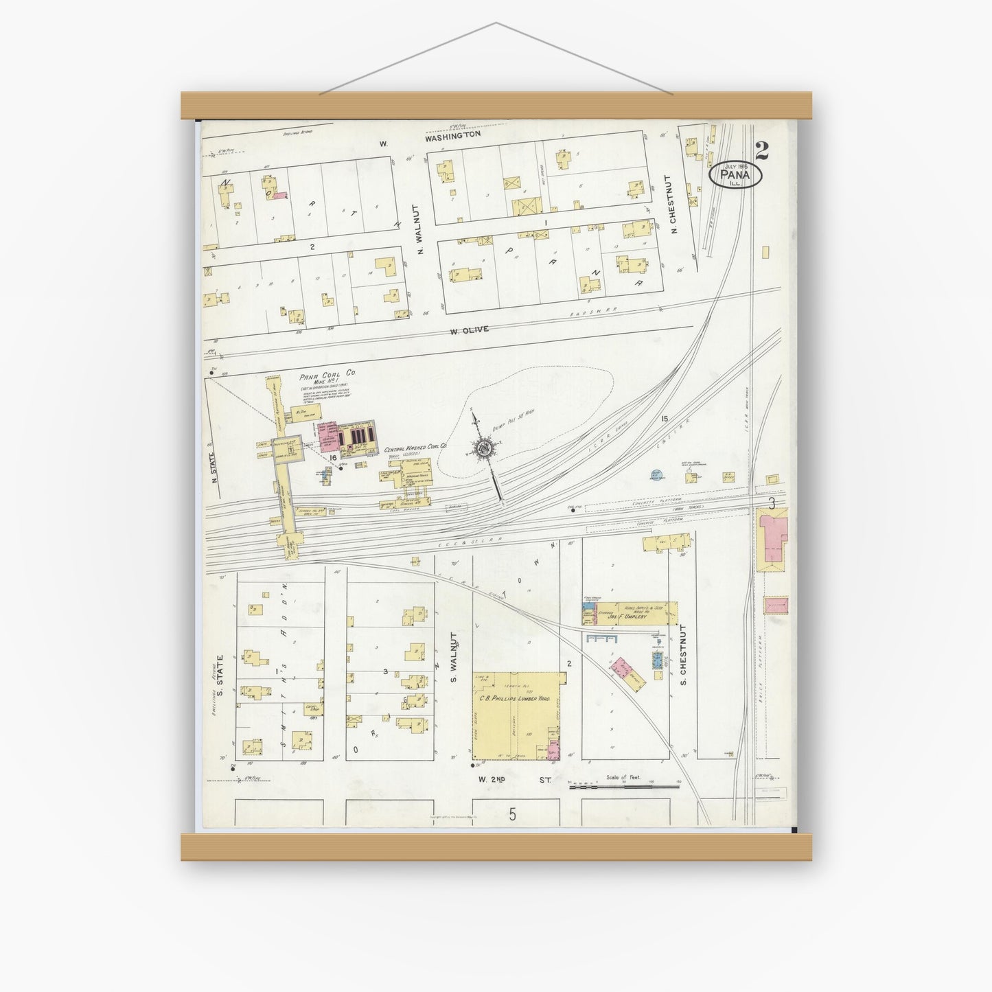 Old map wall art mockup — magnetic wood frame on white wall — Sanborn Fire Insurance Map from Pana, Christian County, Illinois (1916), Sheet #0002