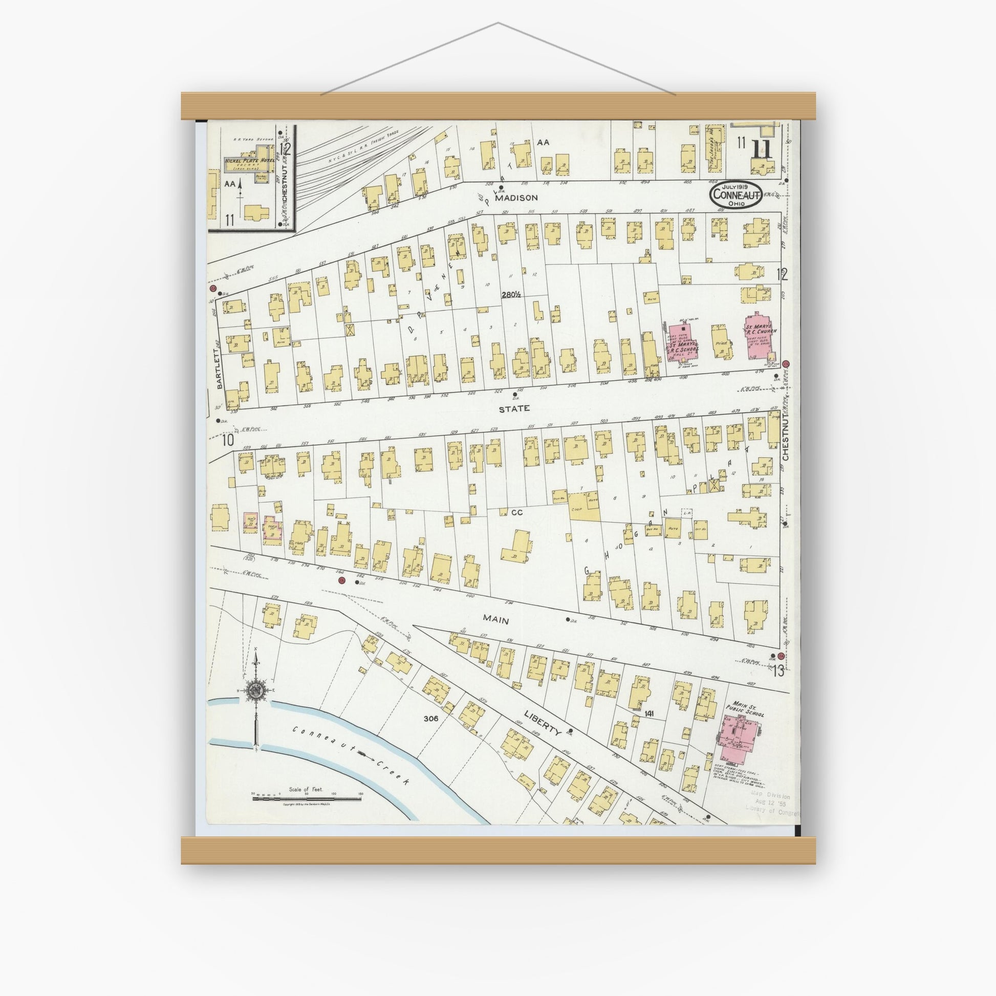 Old map wall art mockup — magnetic wood frame on white wall — Sanborn Fire Insurance Map from Conneaut, Ashtabula County, Ohio (1919), Sheet #0011