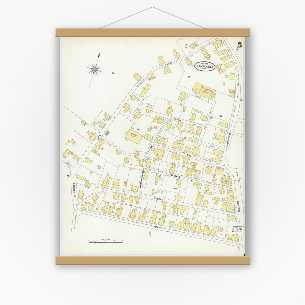 Old map wall art mockup — magnetic wood frame on white wall — Sanborn Fire Insurance Map from Nantucket, Nantucket County, Massachusetts (1904), Sheet #0005