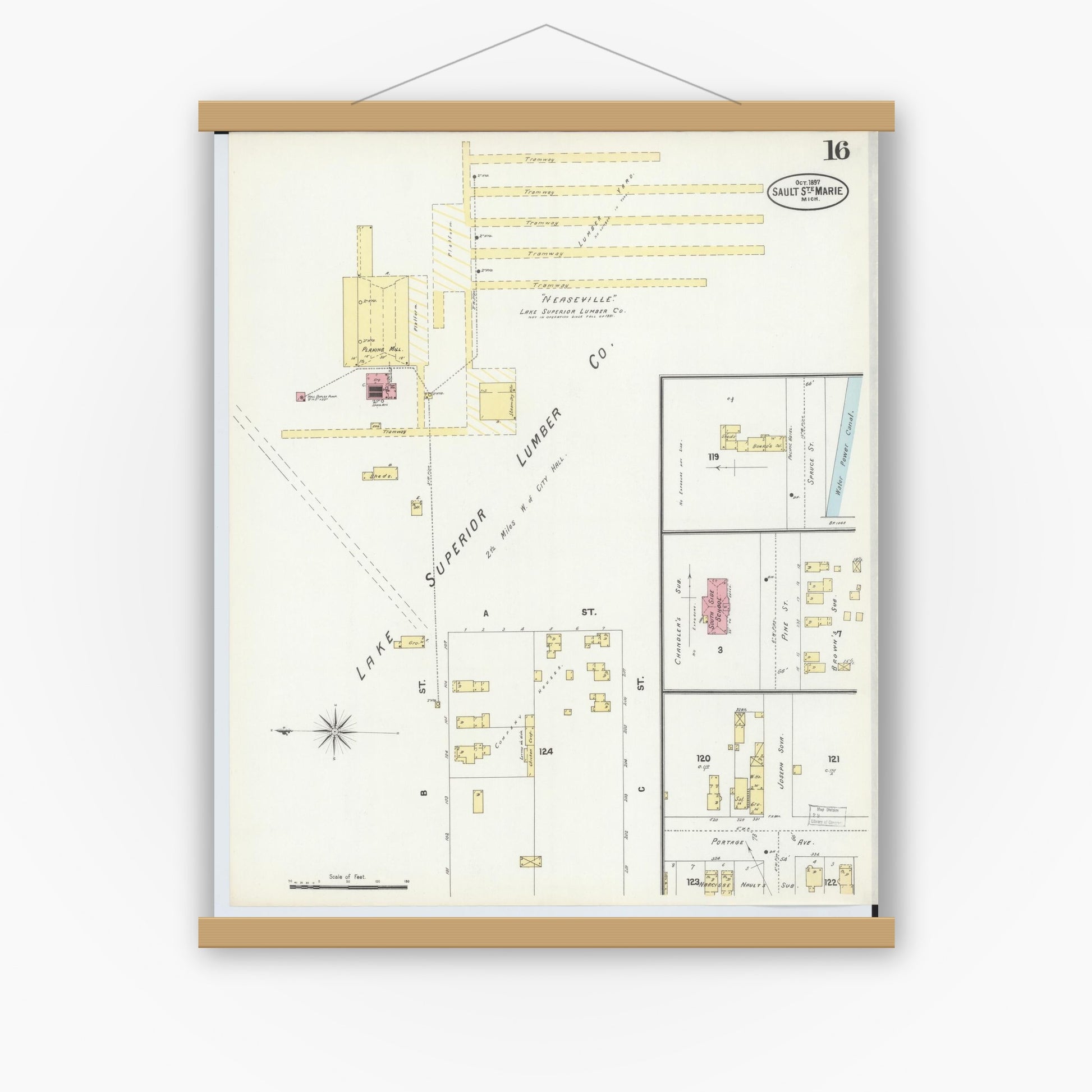 Old map wall art mockup — magnetic wood frame on white wall — Sanborn Fire Insurance Map from Sault Sainte Marie, Chippewa County, Michigan (1897), Sheet #0016