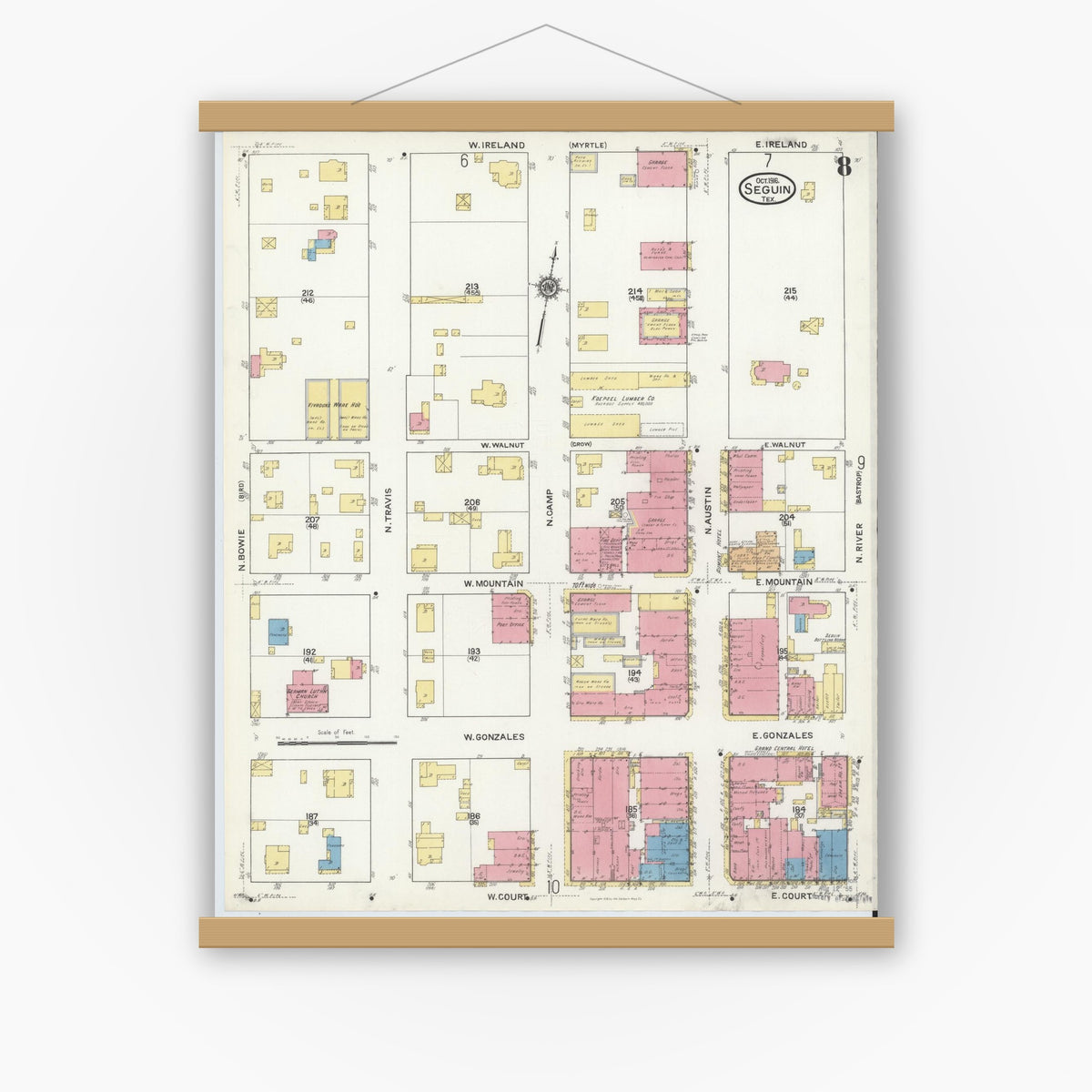 Old map wall art mockup — magnetic wood frame on white wall — Sanborn Fire Insurance Map from Seguin, Guadalupe County, Texas (1916), Sheet #0008
