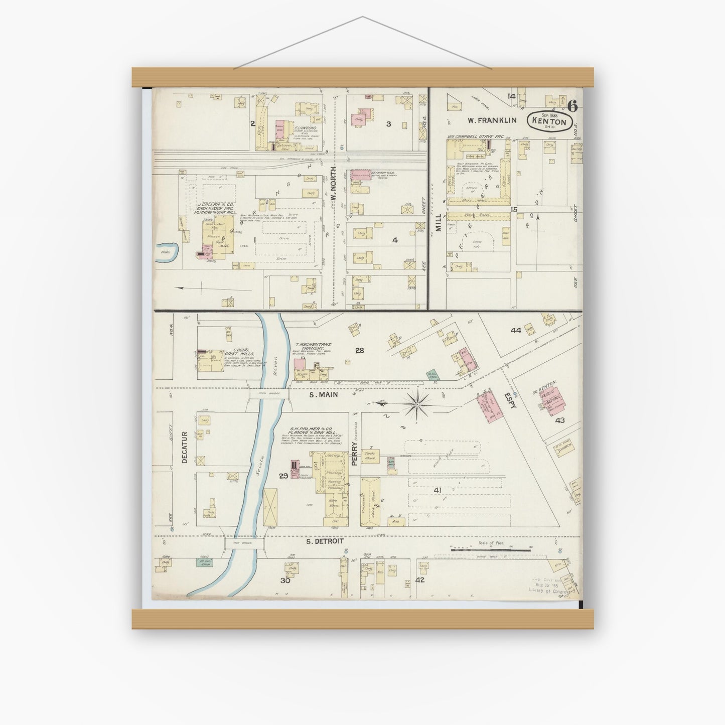 Old map wall art mockup — magnetic wood frame on white wall — Sanborn Fire Insurance Map from Kenton, Hardin County, Ohio (1888), Sheet #0006