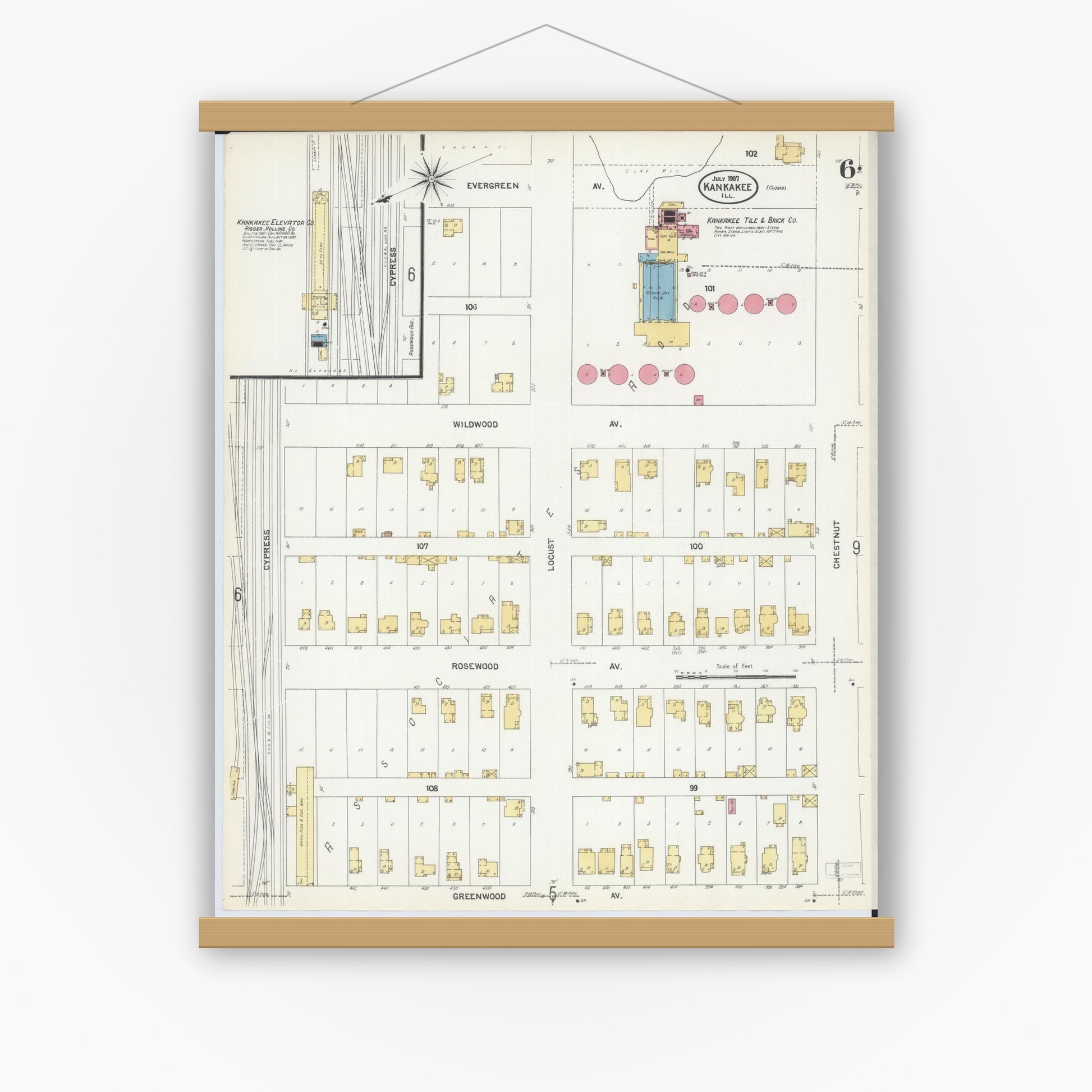 Old map wall art mockup — magnetic wood frame on white wall — Sanborn Fire Insurance Map from Kankakee, Kankakee County, Illinois (1907), Sheet #0006