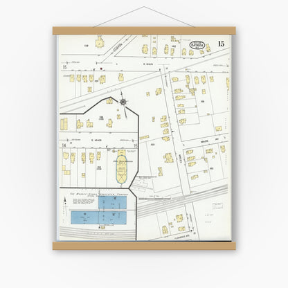 Old map wall art mockup — magnetic wood frame on white wall — Sanborn Fire Insurance Map from Batavia, Genesee County, New York (1919), Sheet #0015