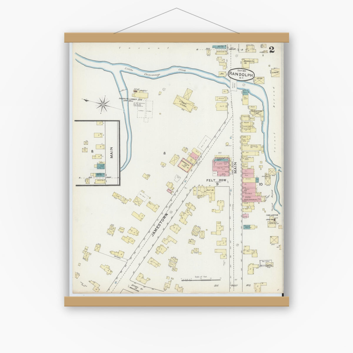 Old map wall art mockup — magnetic wood frame on white wall — Sanborn Fire Insurance Map from Randolph, Cattaraugus County, New York (1891), Sheet #0002