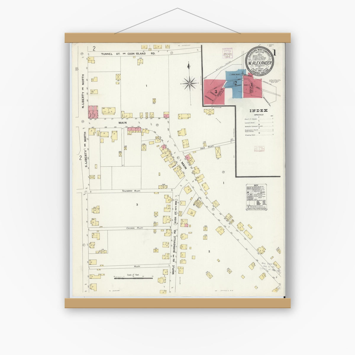 Old map wall art mockup — magnetic wood frame on white wall — Sanborn Fire Insurance Map from West Alexander, Washington County, Pennsylvania (1907) - Complete Map Set