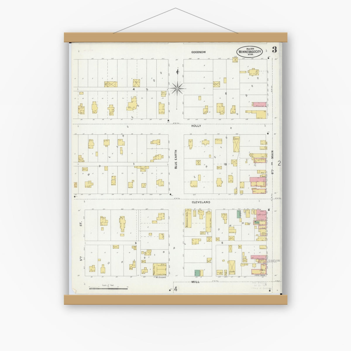 Old map wall art mockup — magnetic wood frame on white wall — Sanborn Fire Insurance Map from Winnebago, Faribault County, Minnesota (1899), Sheet #0003