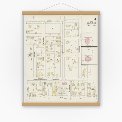 Old map wall art mockup — magnetic wood frame on white wall — Sanborn Fire Insurance Map from Gainesville, Cooke County, Texas (1888), Sheet #0004