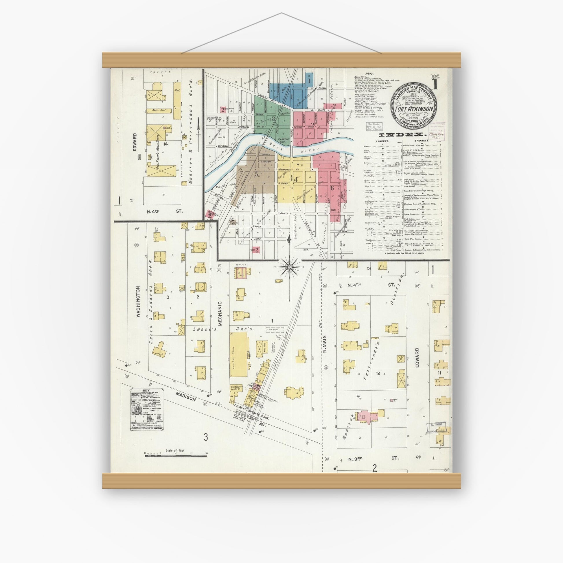 Old map wall art mockup — magnetic wood frame on white wall — Sanborn Fire Insurance Map from Fort Atkinson, Jefferson County, Wisconsin (1904) - Complete Map Set