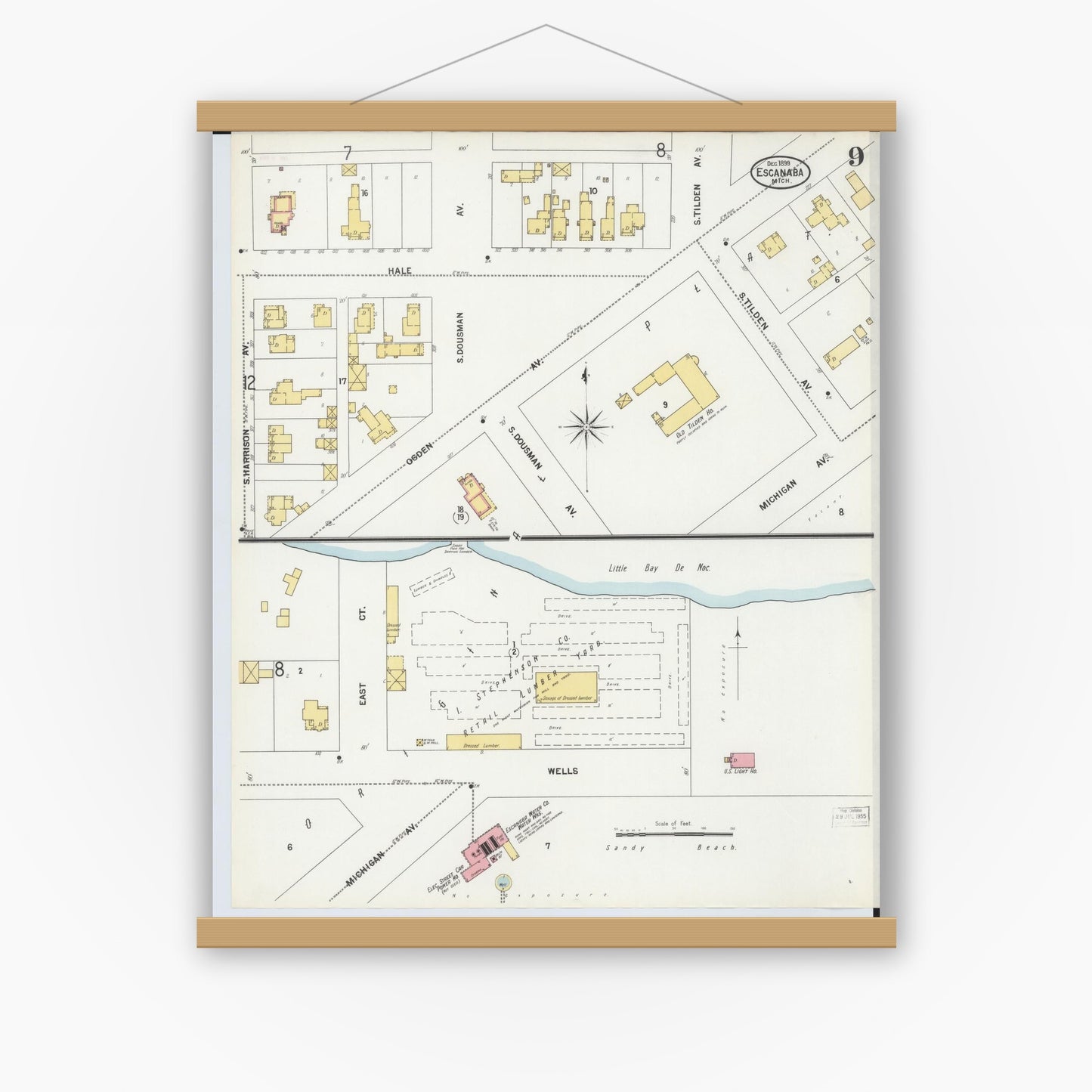 Old map wall art mockup — magnetic wood frame on white wall — Sanborn Fire Insurance Map from Escanaba, Delta County, Michigan (1899), Sheet #0009