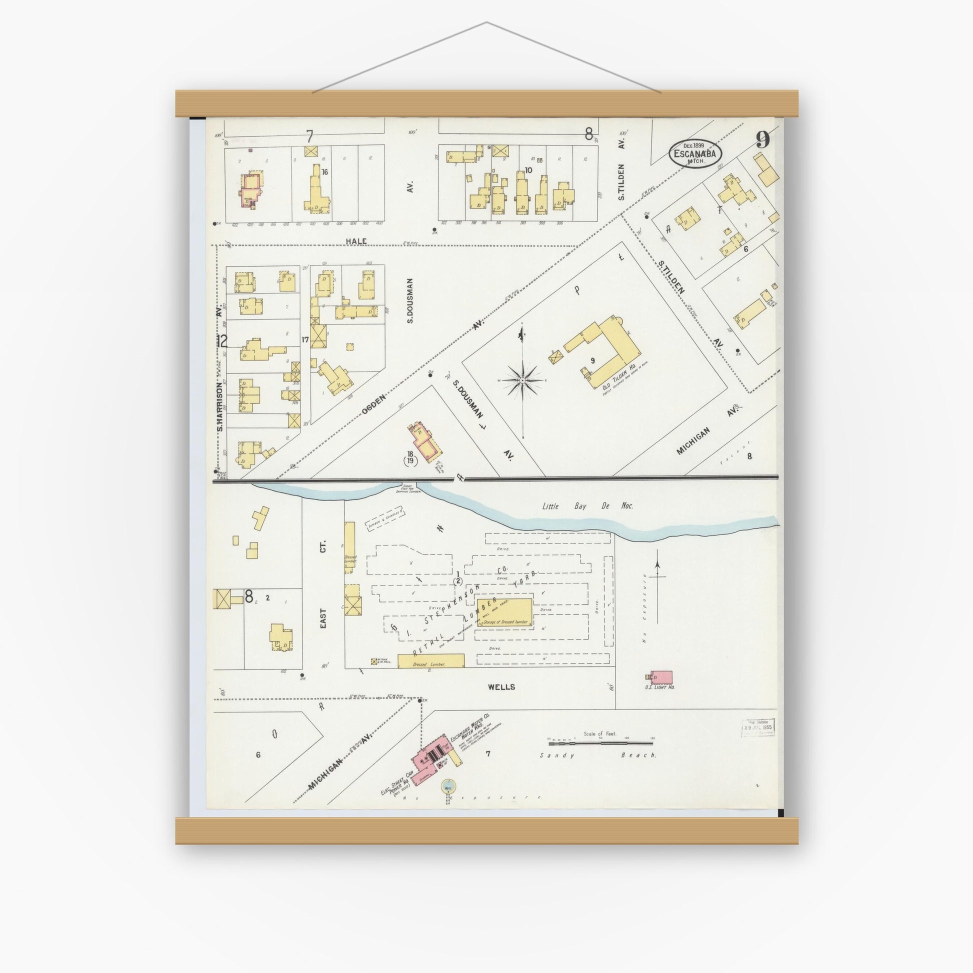Old map wall art mockup — magnetic wood frame on white wall — Sanborn Fire Insurance Map from Escanaba, Delta County, Michigan (1899), Sheet #0009