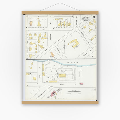 Old map wall art mockup — magnetic wood frame on white wall — Sanborn Fire Insurance Map from Escanaba, Delta County, Michigan (1899), Sheet #0009