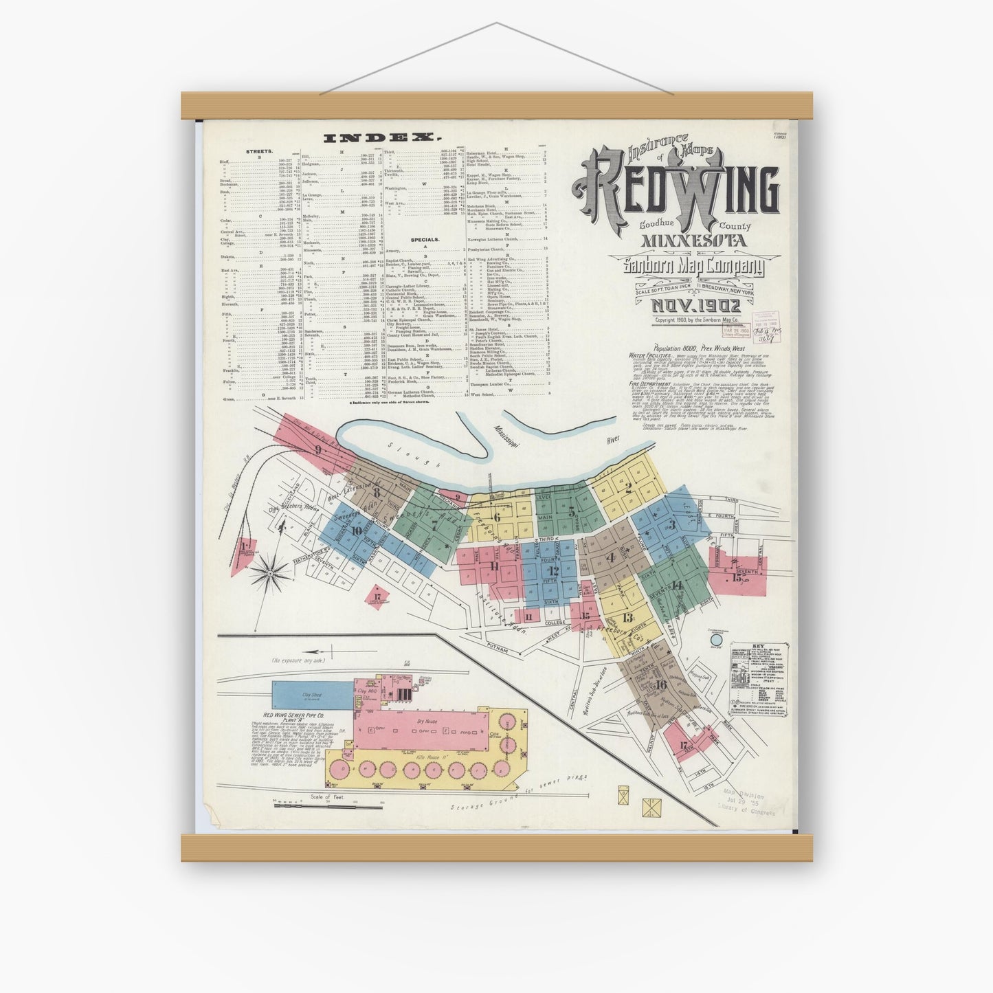 Old map wall art mockup — magnetic wood frame on white wall — Sanborn Fire Insurance Map from Red Wing, Goodhue County, Minnesota (1902), Sheet #0001
