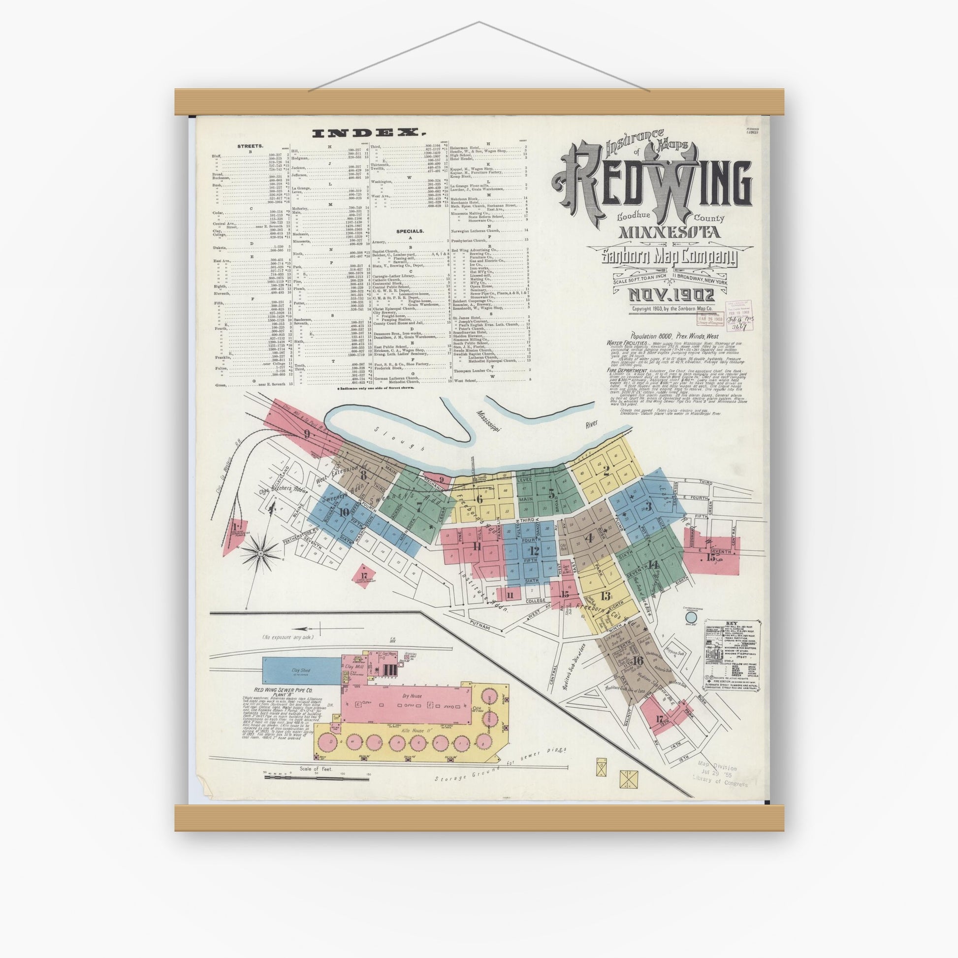 Old map wall art mockup — magnetic wood frame on white wall — Sanborn Fire Insurance Map from Red Wing, Goodhue County, Minnesota (1902), Sheet #0001