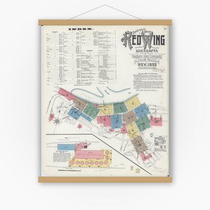 Old map wall art mockup — magnetic wood frame on white wall — Sanborn Fire Insurance Map from Red Wing, Goodhue County, Minnesota (1902), Sheet #0001