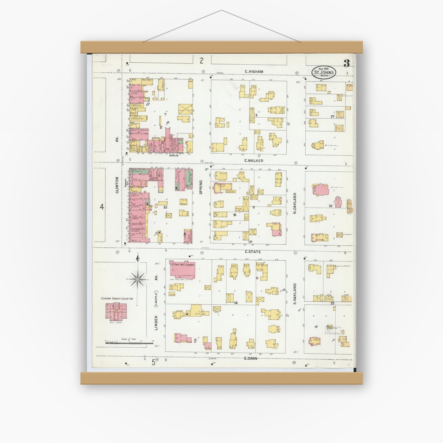 Old map wall art mockup — magnetic wood frame on white wall — Sanborn Fire Insurance Map from Saint Johns, Clinton County, Michigan (1900), Sheet #0003