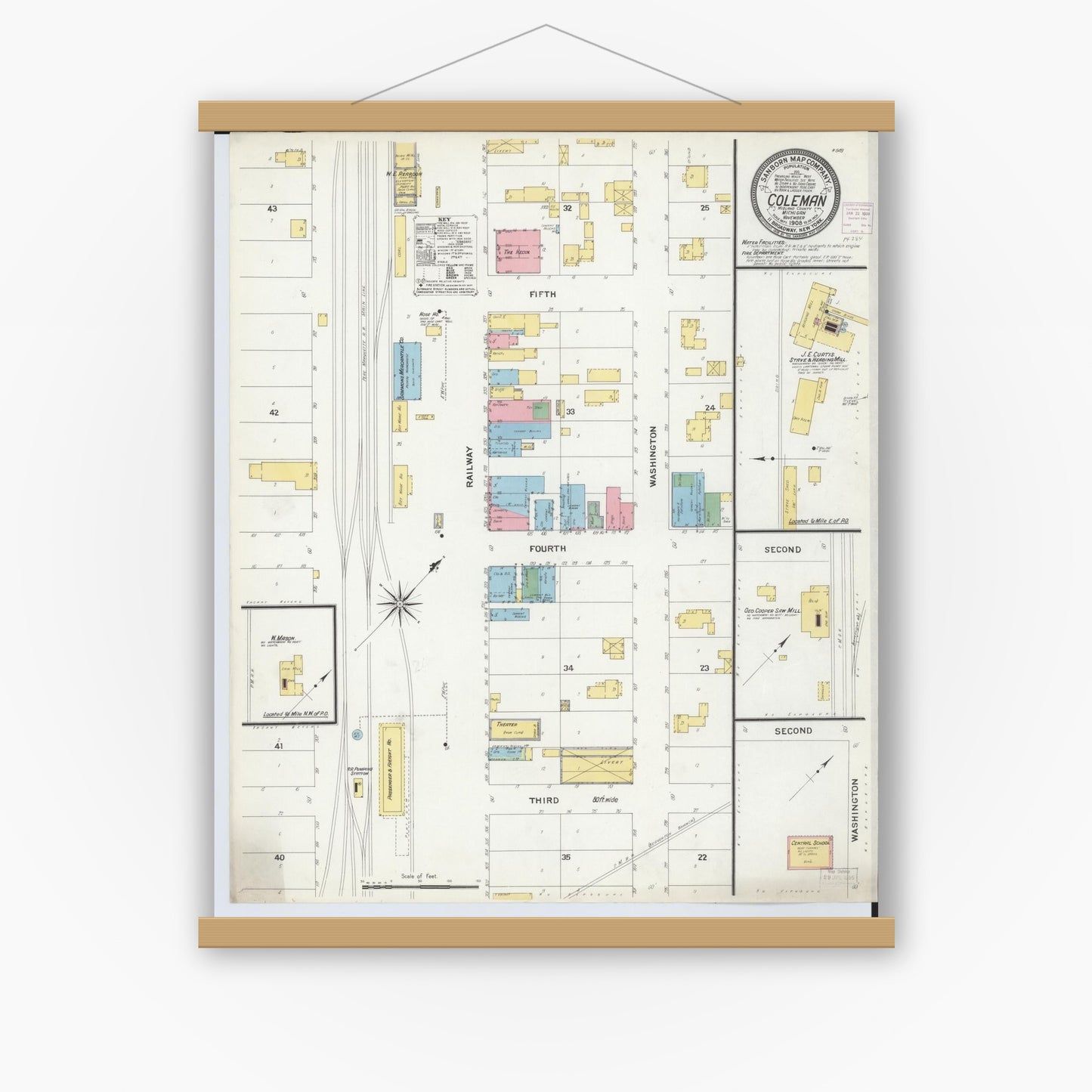Old map wall art mockup — magnetic wood frame on white wall — Sanborn Fire Insurance Map from Coleman, Midland County, Michigan (1908), Sheet #0001